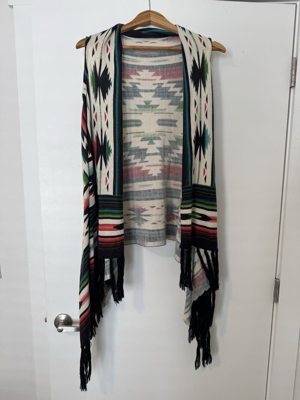 Double D Ranch Geometric Knit Fringe Shawl Wrap Multicolor Acrylic L/XL